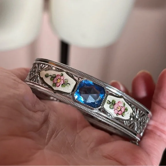 Vintage antique Victorian Art deco Silver Filagree Rose Enamel Blue Bracelet - Picture 10 of 17